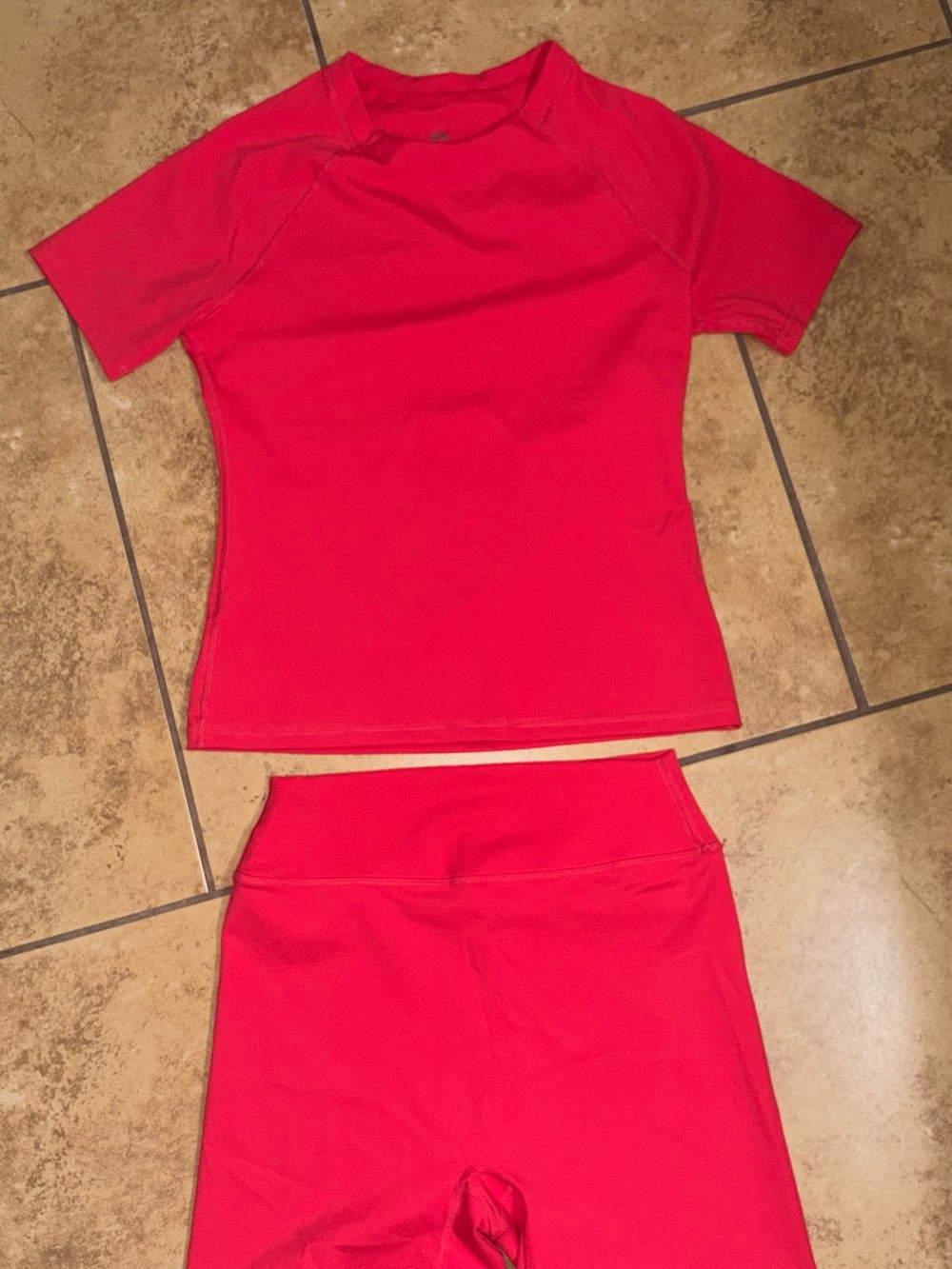 Women's Red Short-Sleeve Active Top & High-Waist Shorts Set